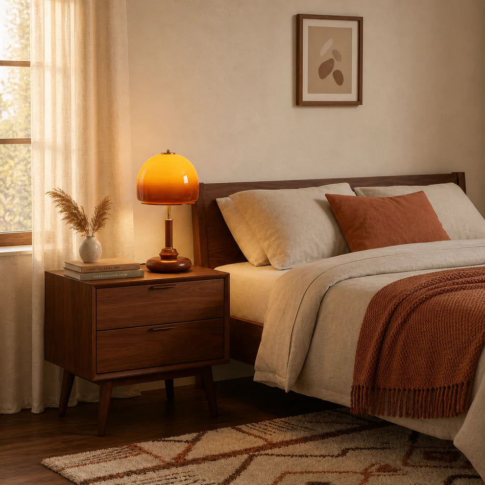 Velora Sculpted Glass Dome Table Lamp | Walnut & Amber | Qonforta