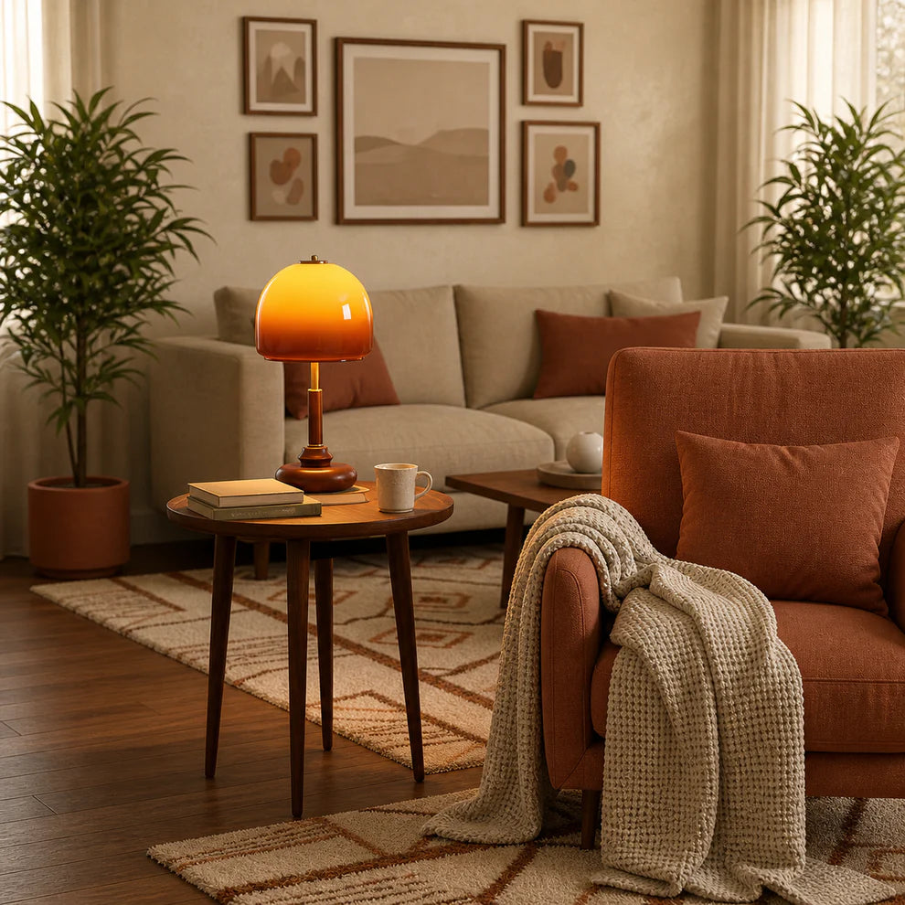 Velora Sculpted Glass Dome Table Lamp | Walnut & Amber | Qonforta