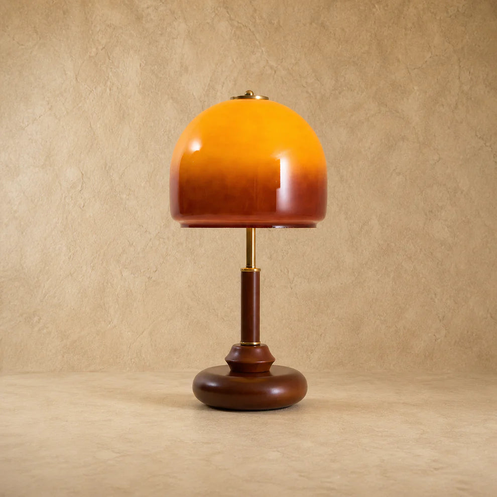 Velora Sculpted Glass Dome Table Lamp | Walnut & Amber | Qonforta