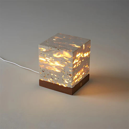 Travertine Cube Table Lamp Perforated Stone LED – 2 Sizes | Qonforta