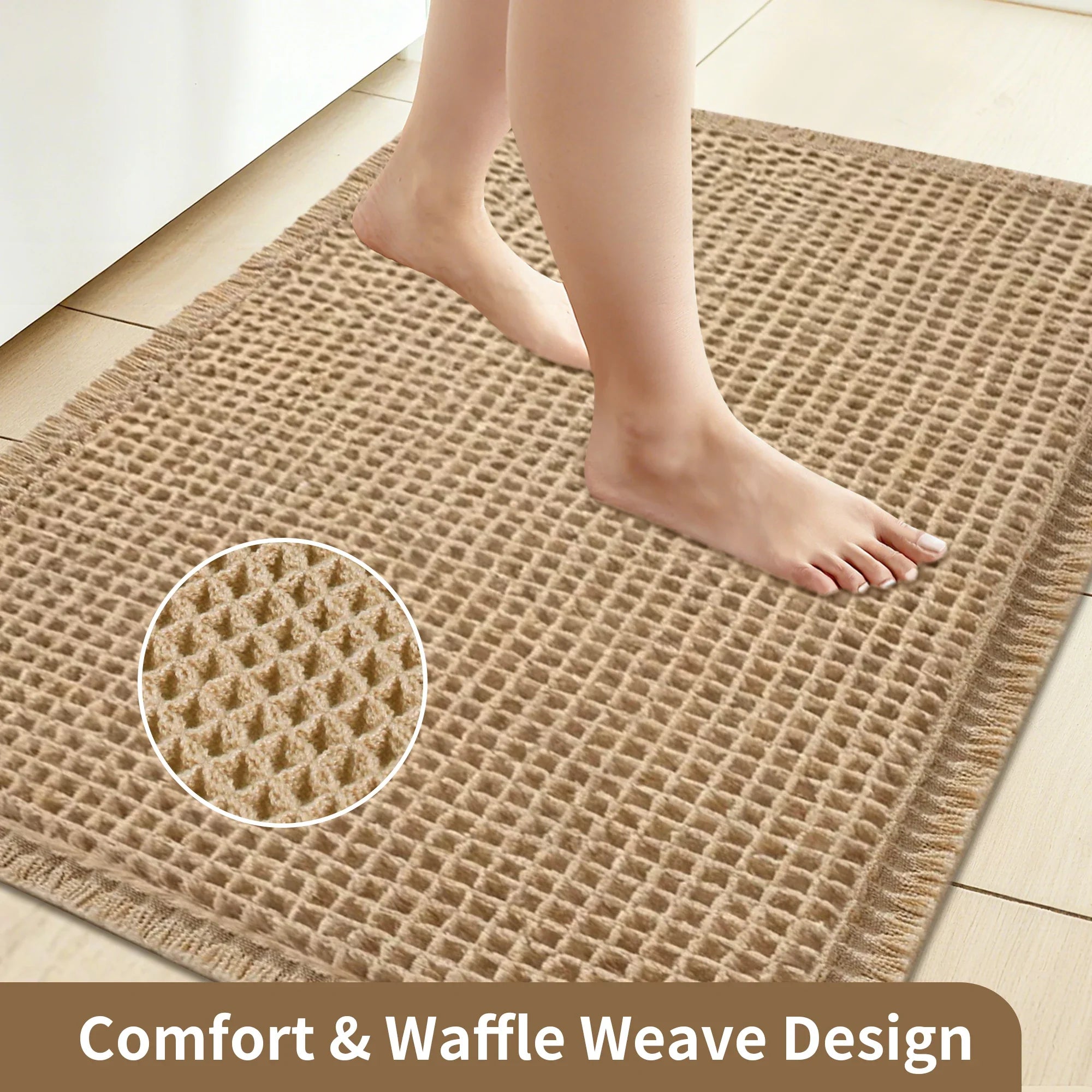 Waffle Bath Mat, Non-Slip Microfiber with Tassels | Quick-Dry Bathroom Rug | Qonforta