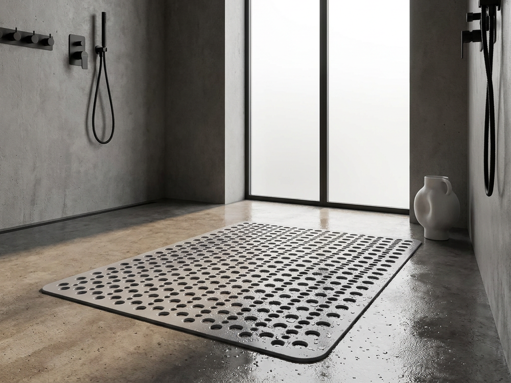 Gray Acquasicura non-slip shower mat in a walk-in shower