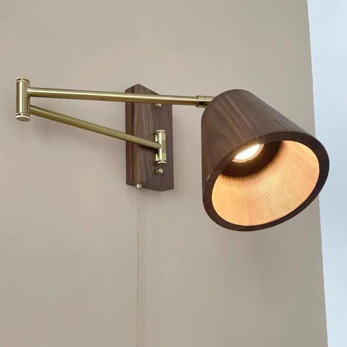 Wood Brass Wall Sconce Adjustable Arm Pull Chain Switch – 4 Variants | Qonforta