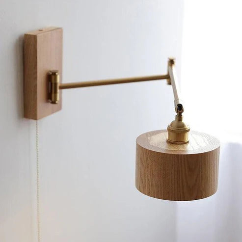 Wood Brass Wall Sconce Adjustable Arm Pull Chain Switch – 4 Variants | Qonforta
