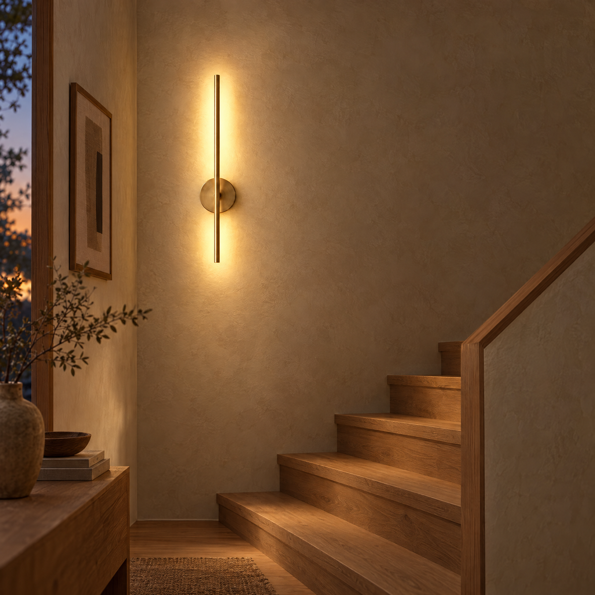 Gold linear wall light lit at the foot of a wooden staircase