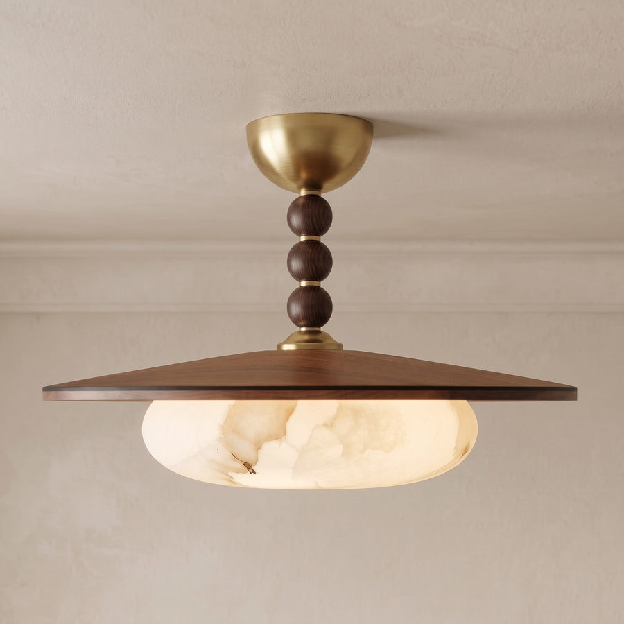Alabaster and walnut semi-flush ceiling light with white alabaster shade, light on