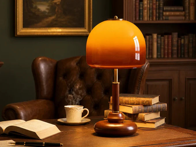 Amber glass dome table lamp with a walnut base on a wooden desk