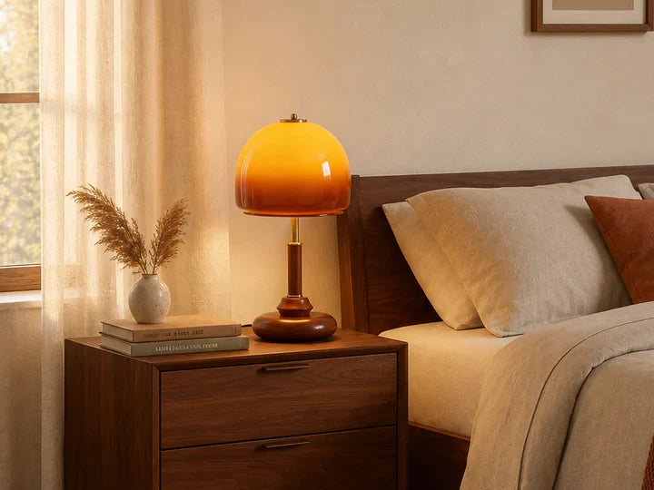 Amber glass dome table lamp lit on a walnut nightstand beside a bed