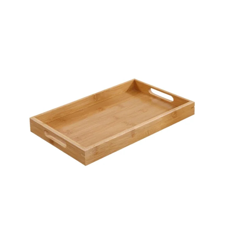 Medium straight bamboo tray with handle slots on a white background