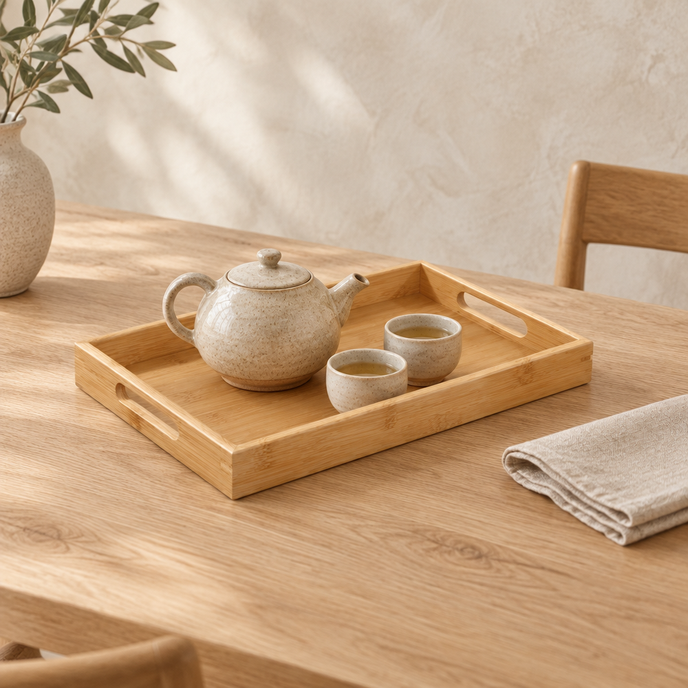 Straight bamboo tray with a teapot and two cups on a wooden table