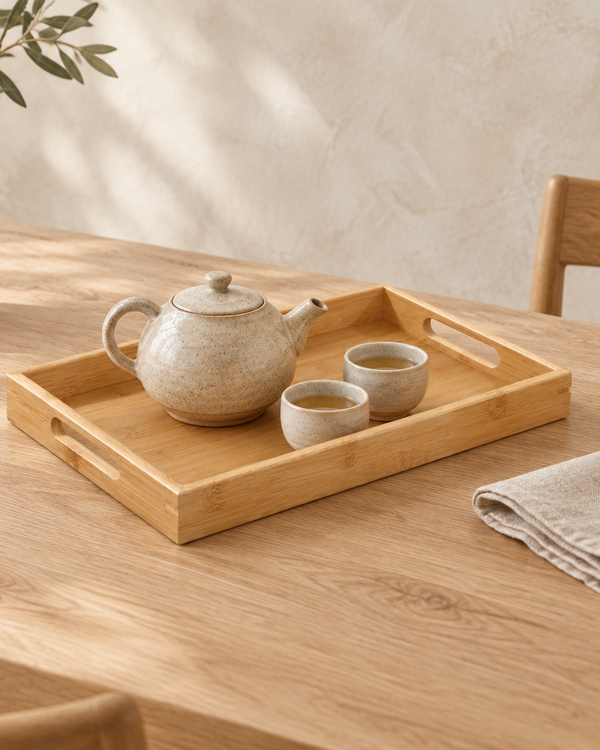 Straight bamboo tray with a teapot and two cups on a wooden table