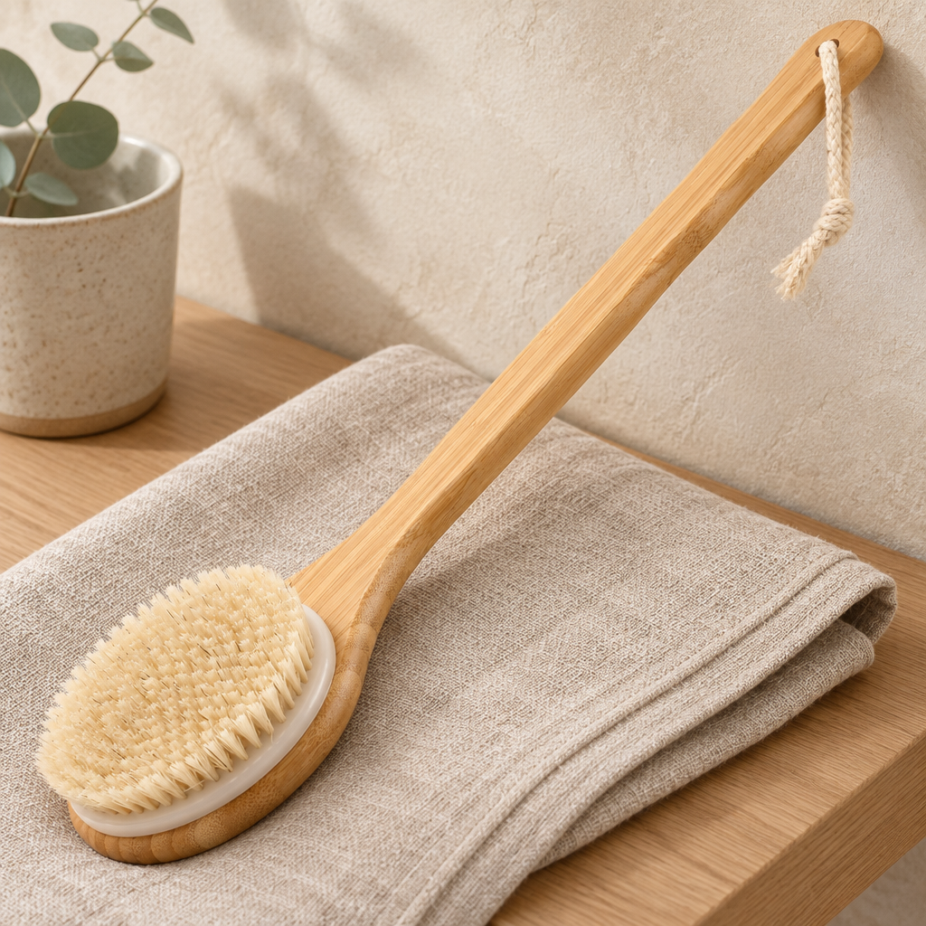 Bamboo bath brush with natural bristles resting on a folded linen towel