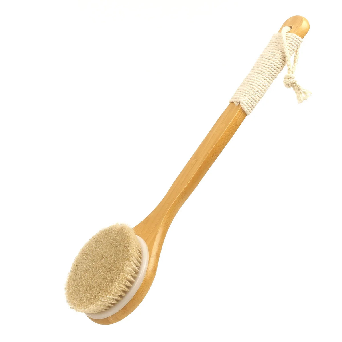 White horsehair bath brush with a rope wrapped grip