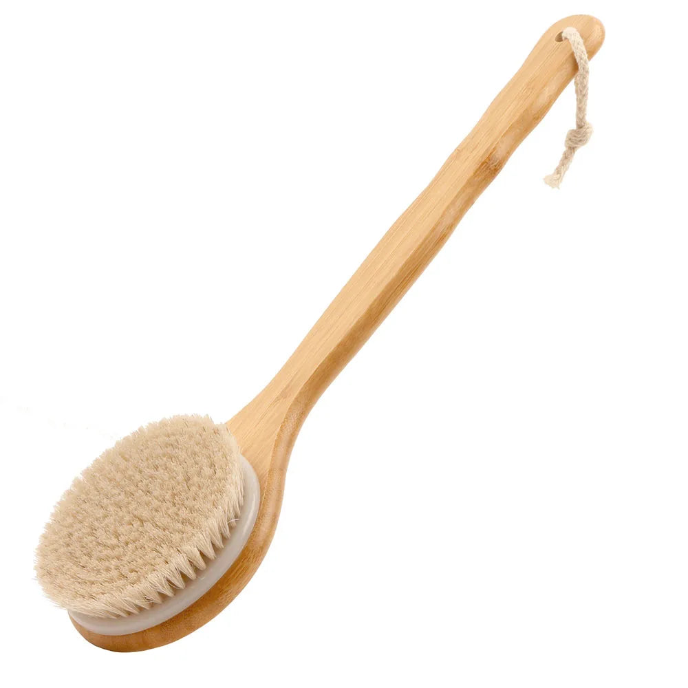 White horsehair bath brush with a plain bamboo handle and cord loop