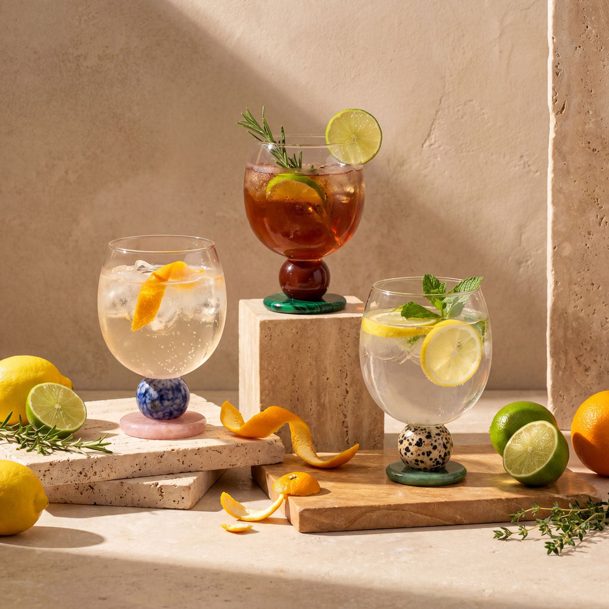 Stone base glasses with lemon drinks on a wooden board