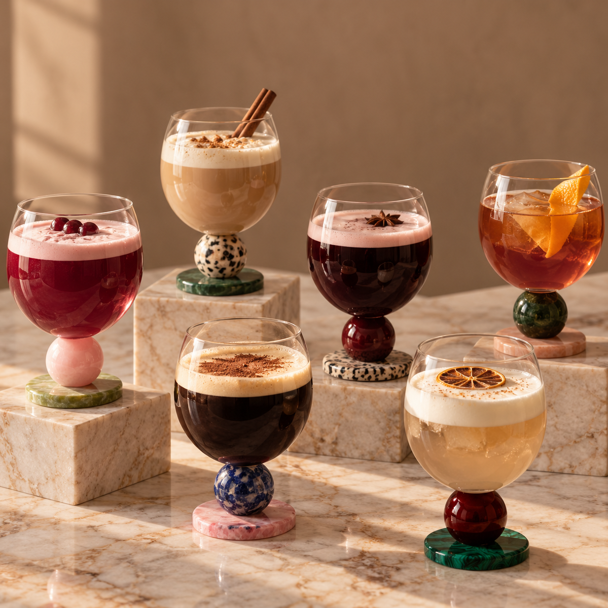 Stone base drinking glasses with dark cocktails on a table