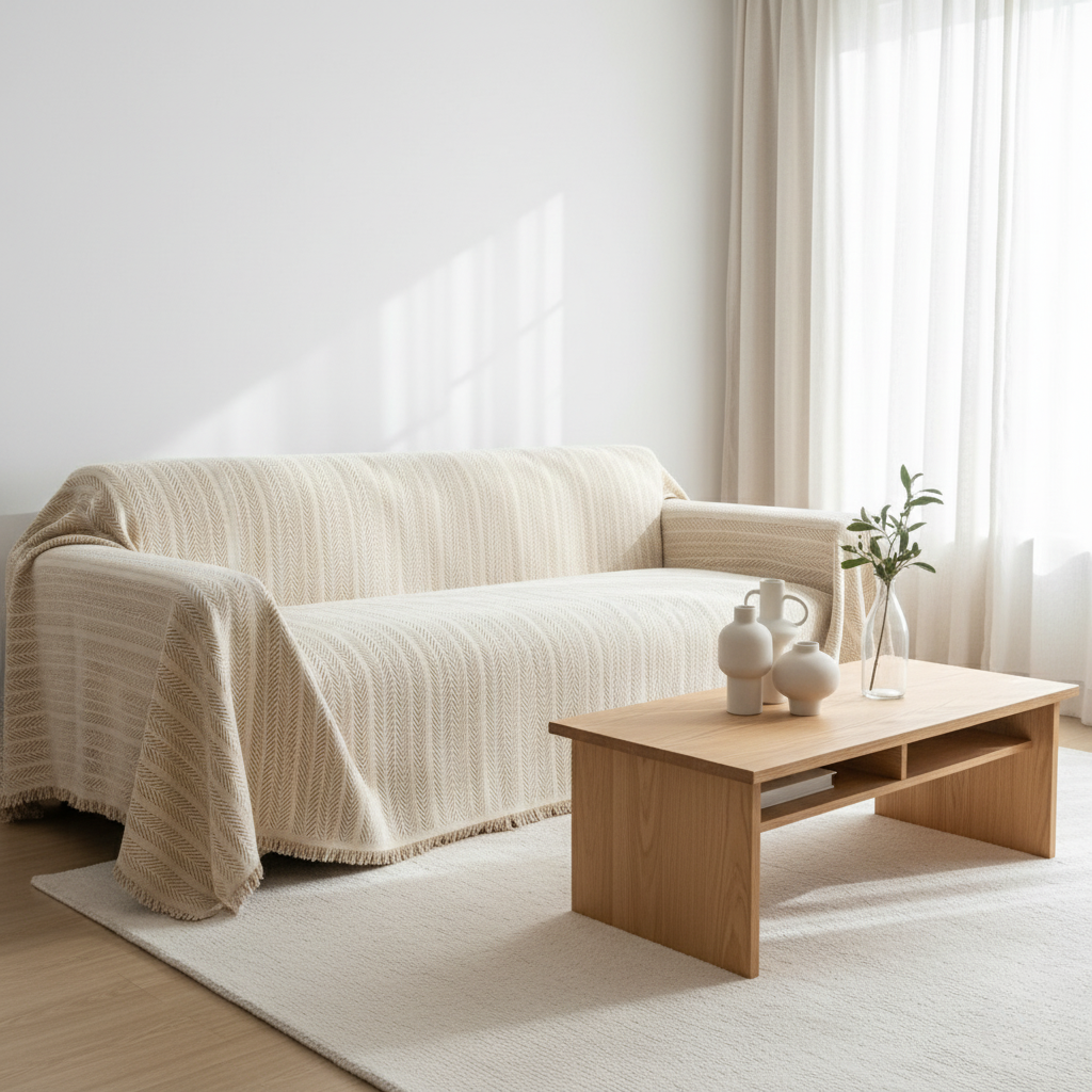 Herringbone Chenille Couch Cover, Pet-Friendly Non-Slip | Tassel Detail | Qonforta