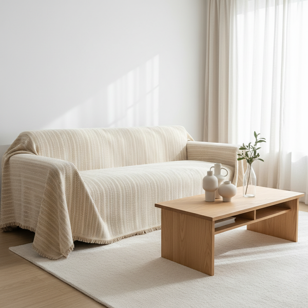 Herringbone Chenille Couch Cover, Pet-Friendly Non-Slip | Tassel Detail | Qonforta
