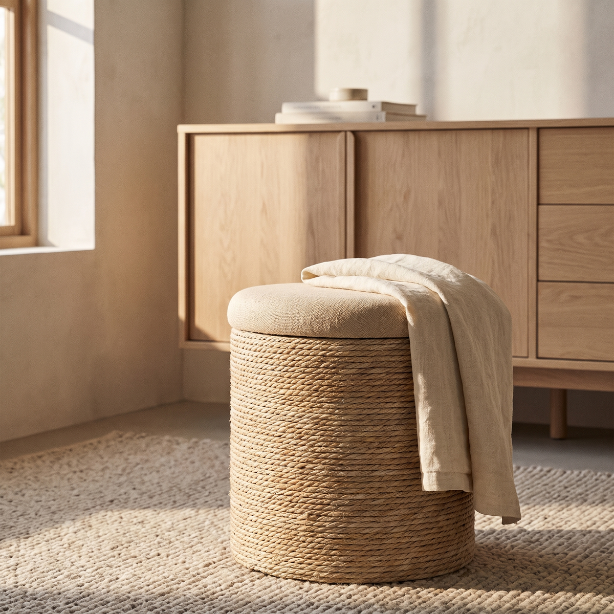Woven storage ottoman with a cream throw in front of an oak sideboard