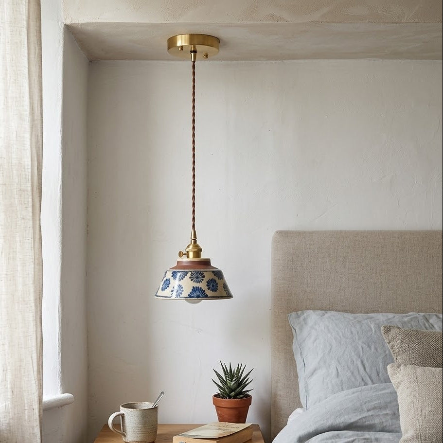 Hand-Painted Ceramic Pendant Light | Vintage Floral | Qonforta