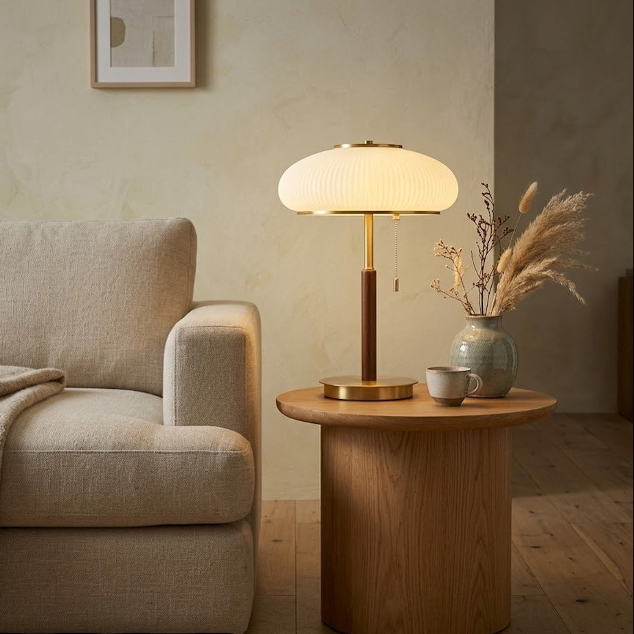 Fluted Glass Table Lamp | Walnut & Brass | Qonforta