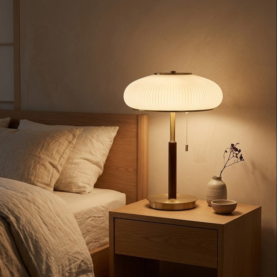Fluted Glass Table Lamp | Walnut & Brass | Qonforta