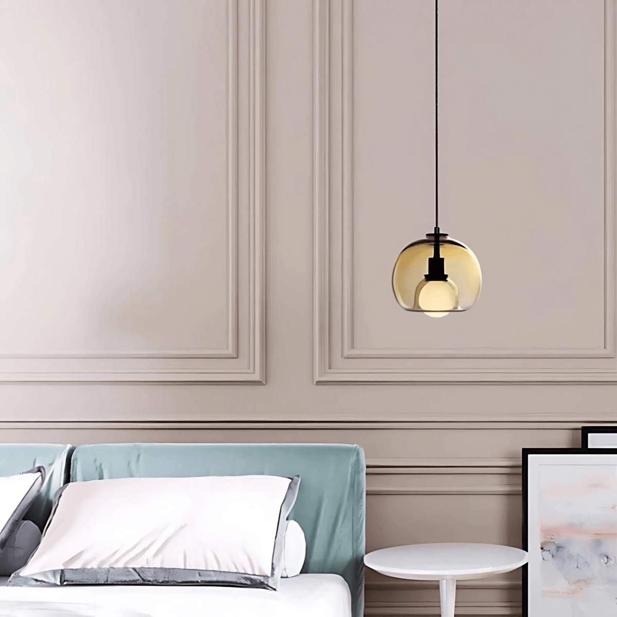 Amber Clyde pendant light in a bedroom with paneled walls
