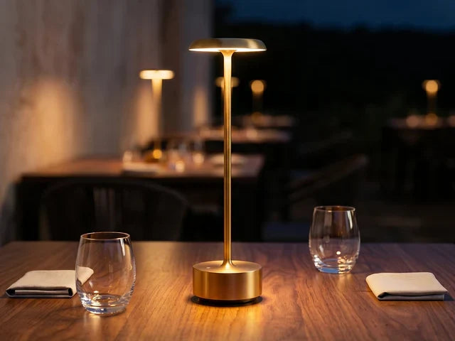Gold cordless table lamp lit on a wooden restaurant table at dusk