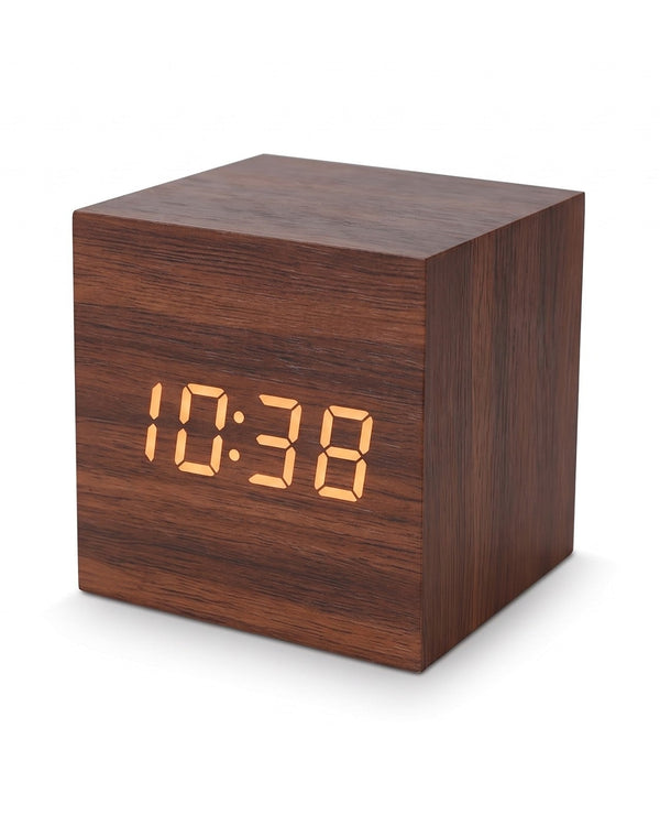 Cube LED alarm clock in Dark Wood showing the time
