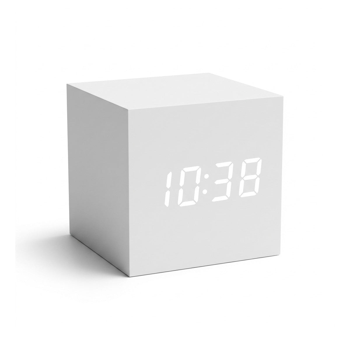 Cube LED alarm clock in Ivory White showing the time