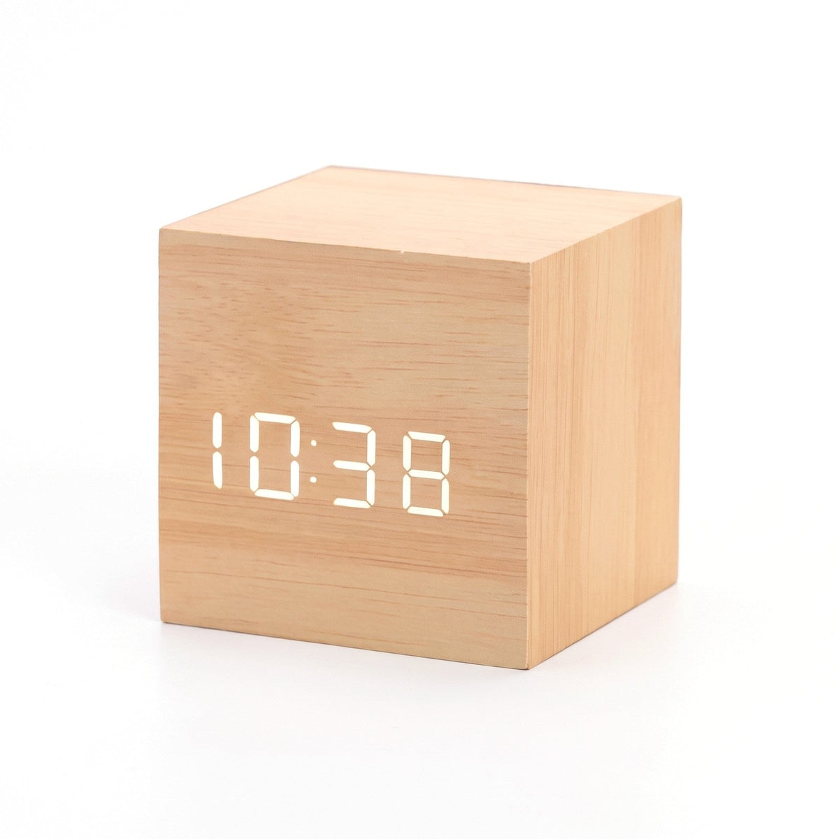 Cube LED alarm clock in Light Wood showing the time