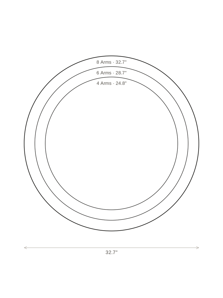 Size comparison drawing of the Ramo Stellare sputnik ceiling light showing 24.8, 28.7 and 32.7 inch diameters