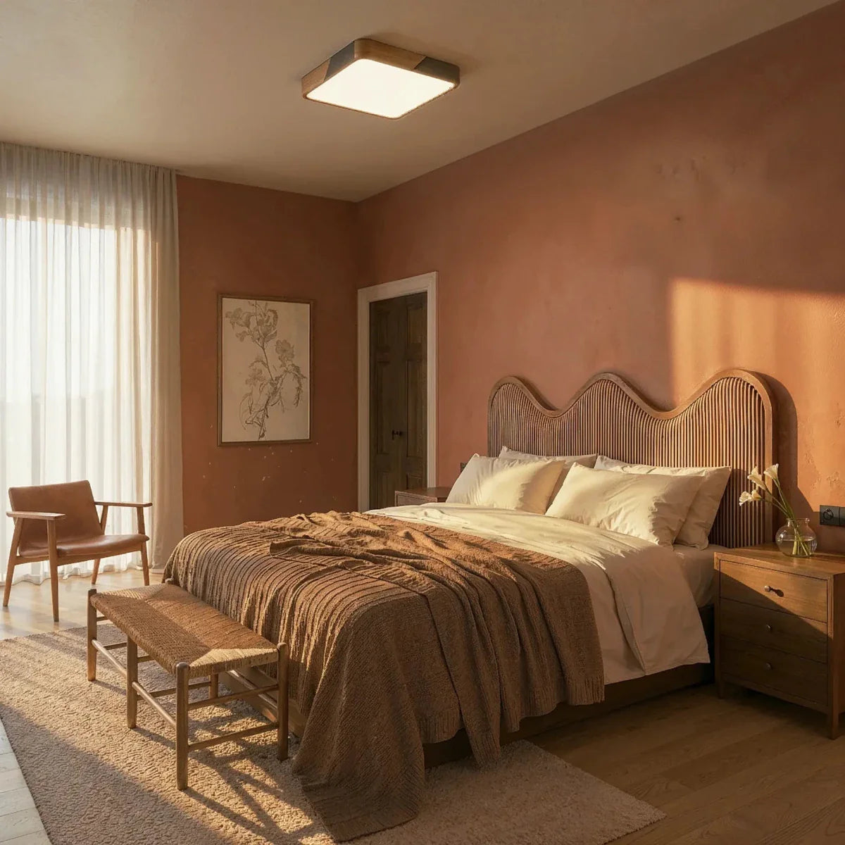 Wood & Iron Flush Mount Ceiling Light – Dimmable | Qonforta