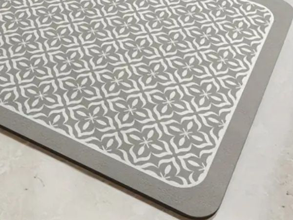 Close-up of the gray and white geometric pattern on a dish drying mat