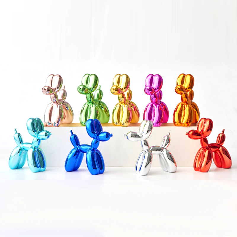 Row of glossy balloon dog sculptures in many colors