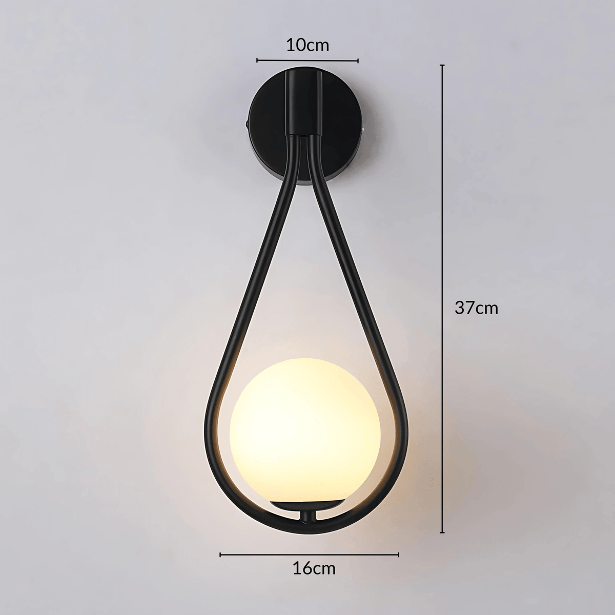 Black teardrop wall sconce with dimensions, 6.3 in wide and 14.6 in tall