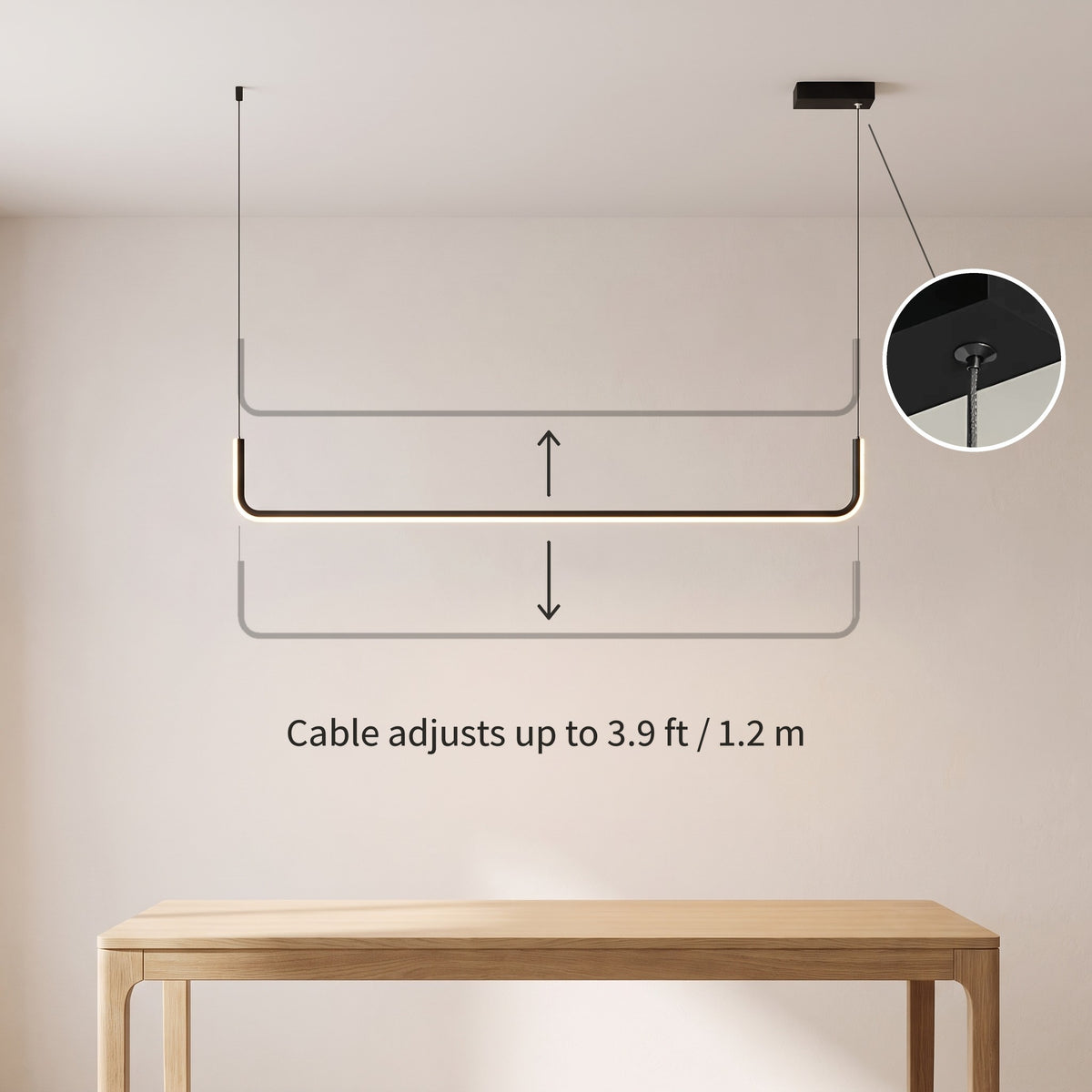 Dumont linear pendant light with arrows showing the bar can hang higher or lower on its cables