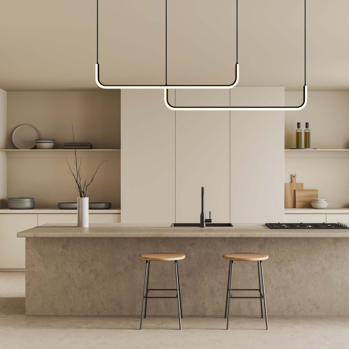Black Dumont linear pendant light over a beige kitchen island
