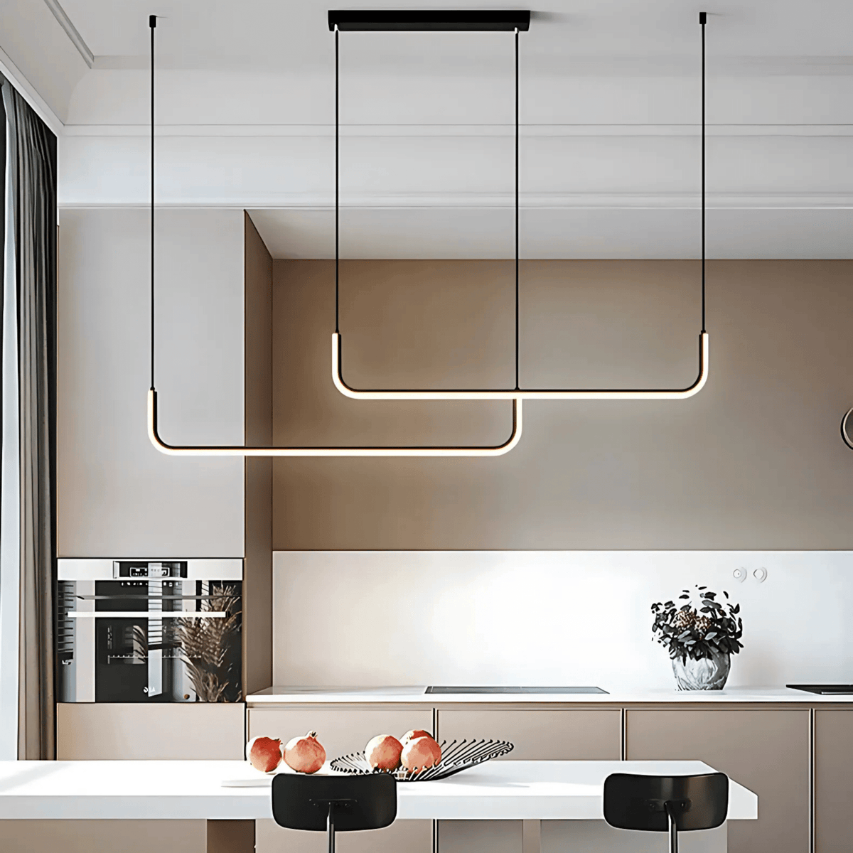 Black two bar Dumont pendant light over a kitchen counter