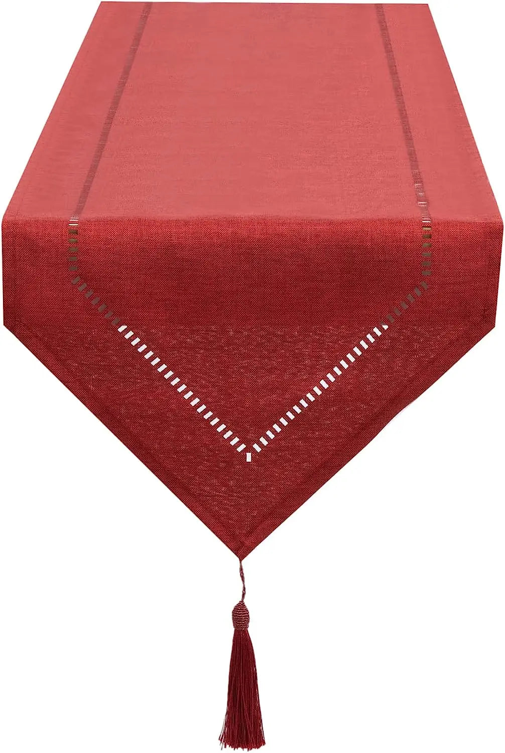 Brick red table runner with a hemstitch row and matching tassel