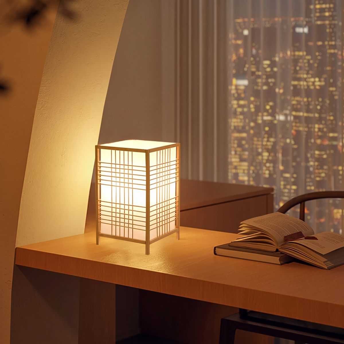 Bamboo grid lantern lamp glowing on a desk beside an open book