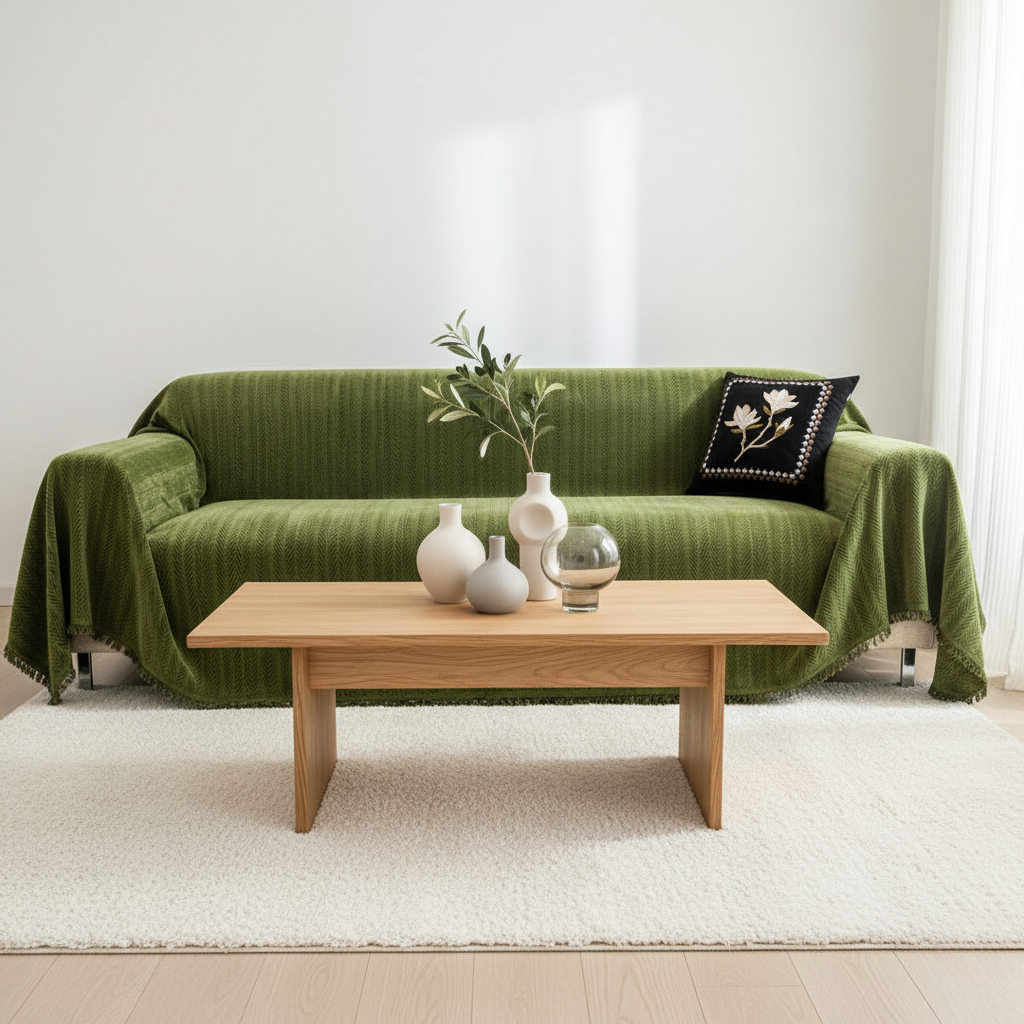 Herringbone Chenille Couch Cover, Pet-Friendly Non-Slip | Tassel Detail | Qonforta
