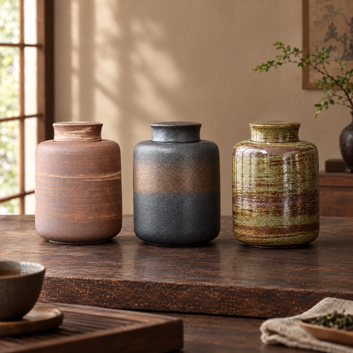 Three handmade ceramic storage jars in pale clay, iron and moss glaze on a shelf