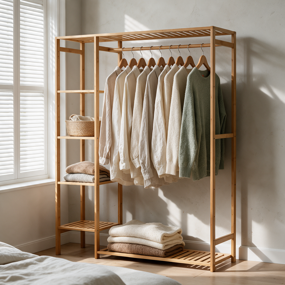 Bamboo open wardrobe with sweaters on hangers beside a bedroom window