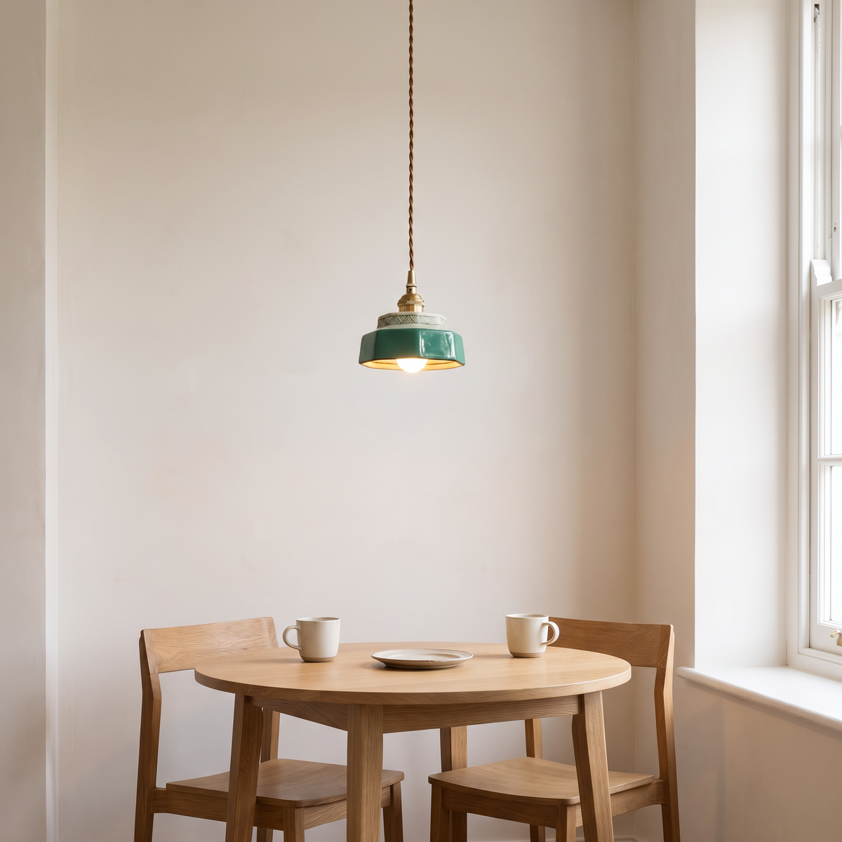 Blue green hand-painted ceramic mini pendant light over a small round kitchen table