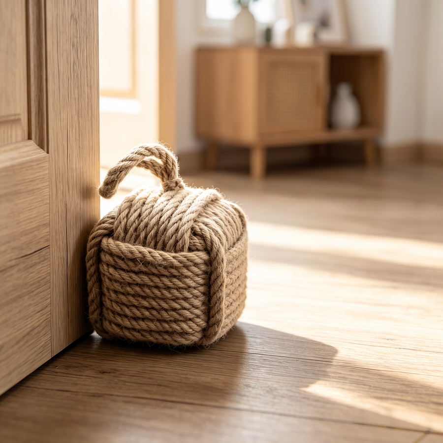 Brown rope cube door stop holding open a wooden door in a sunny hallway