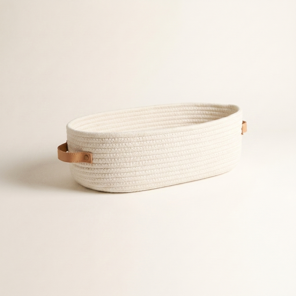 White oval woven rope basket with brown handle tabs