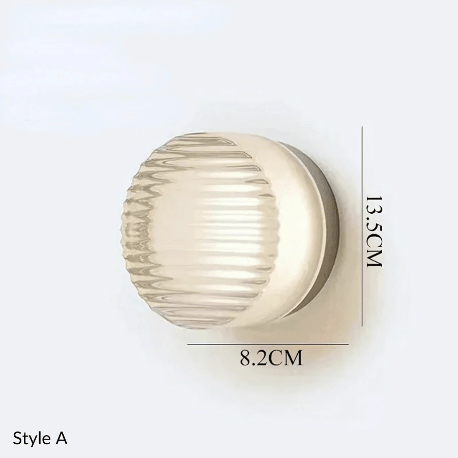 Hera glass wall sconce Style A in white ribbed glass with size markings