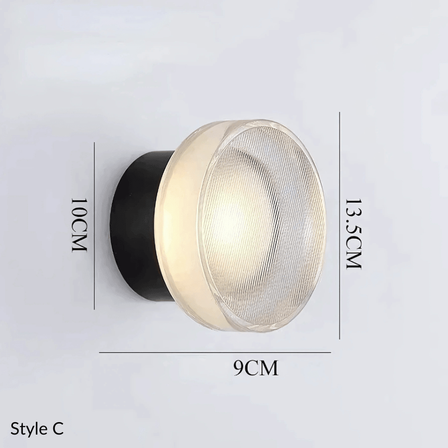 Hera wall sconce Style C with black base and prismatic glass, size markings