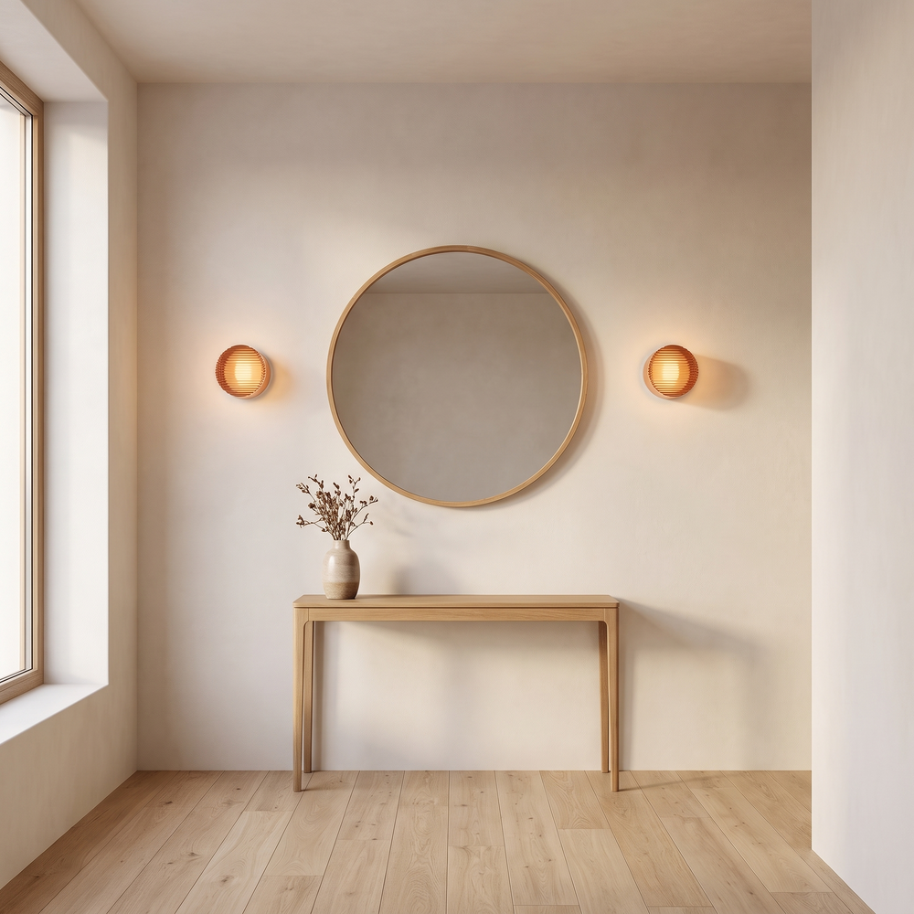 Two orange Hera wall sconces beside a round mirror in a hallway